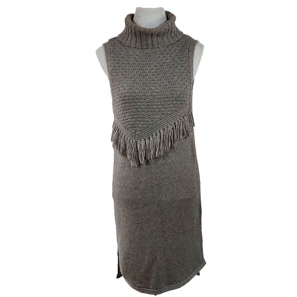 Anthro Nomad Morgan Carper Gray Fringe Sleeveless Side Slit Tunic Sweater Dress - Picture 3 of 14